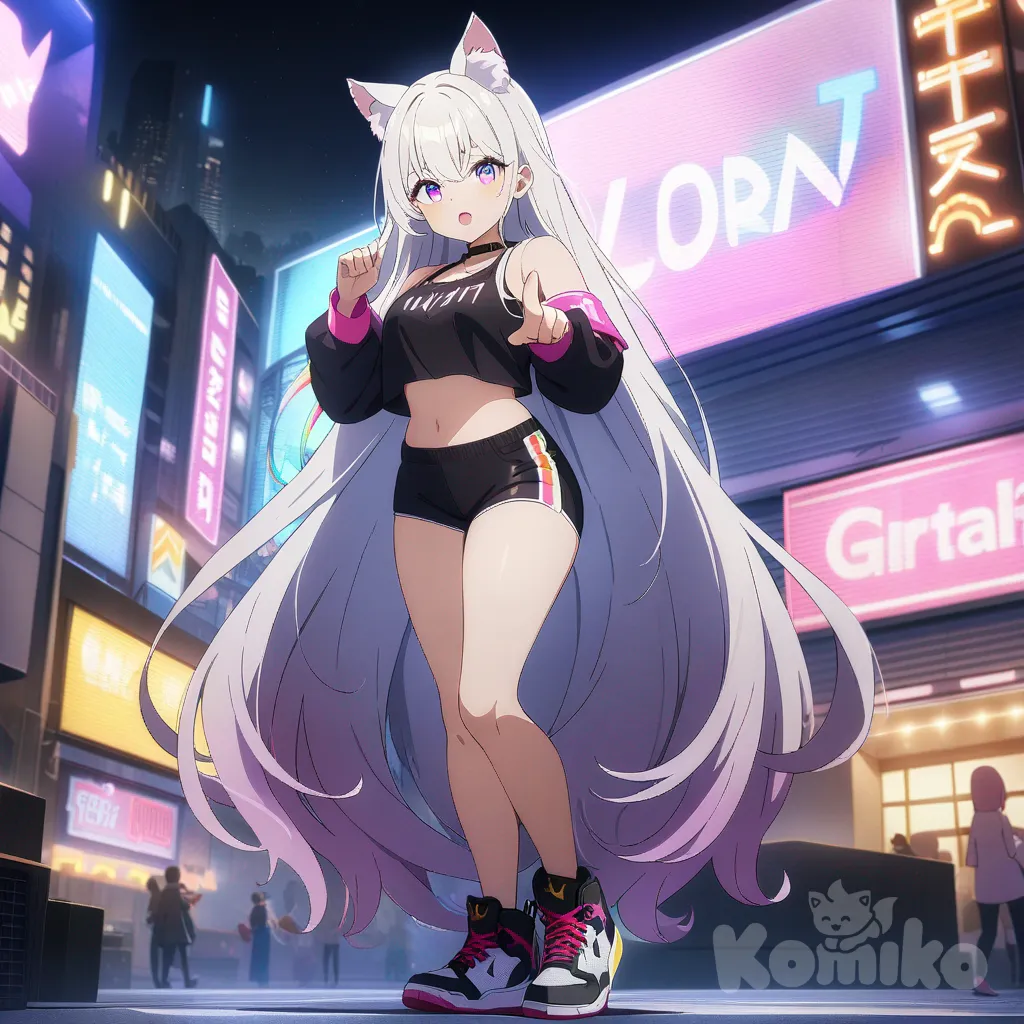 1girl, anime coloring, singing, pointing at viewer, very long hair neon,rainbow eyes,sexy,curvy,very beautiful, crop top, tube pant,jordan shoes, cat ears, full body, looking at viewer, stage light, neon lights, night, cityscape