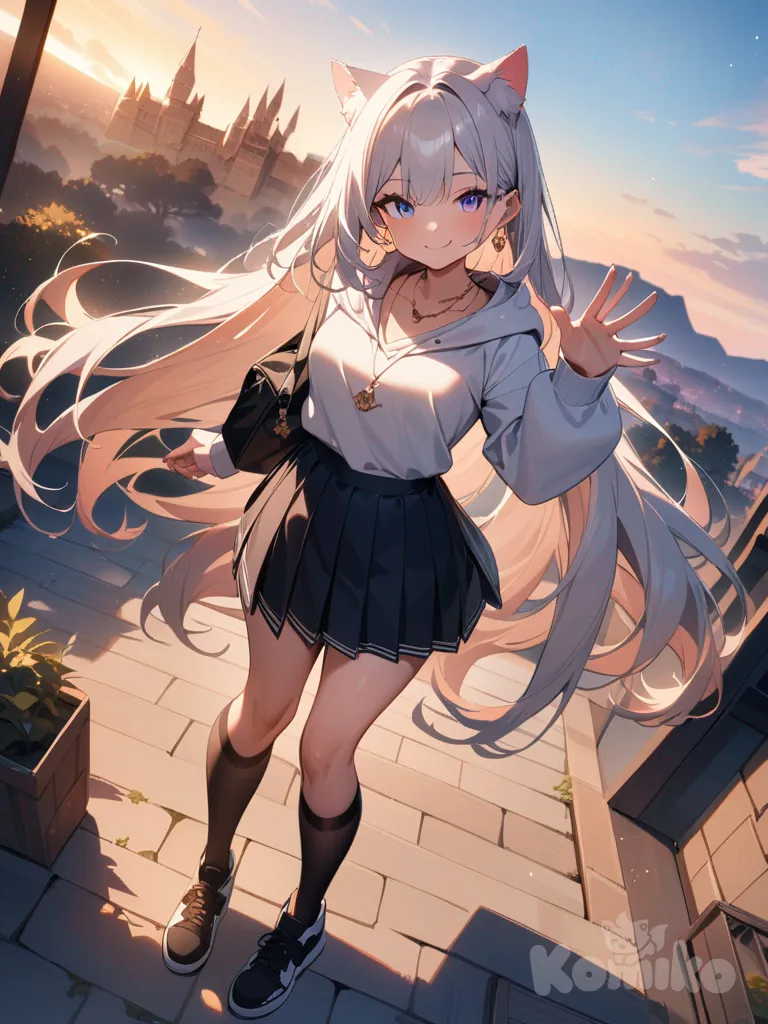 anime girl, beautiful face, very long hair pink, hoodie, pleated skirt, angle wings, cat ears, earrings, necklace, waving, pointing at viewer, smile, full body, twilight, gold castle, blue sky