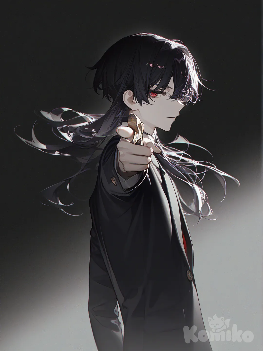 1boy, [high-contrast-glossy-style], pointing at viewer, holding sword, school uniform, long hair red, shining eyes, handsome
