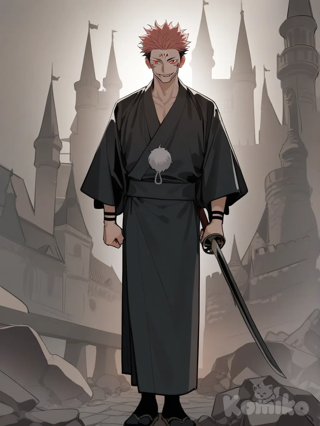 Ryoumen Sukuna (Jujutsu Kaisen), evil smile, black kimono, holding sword, full body, black castle, backlight