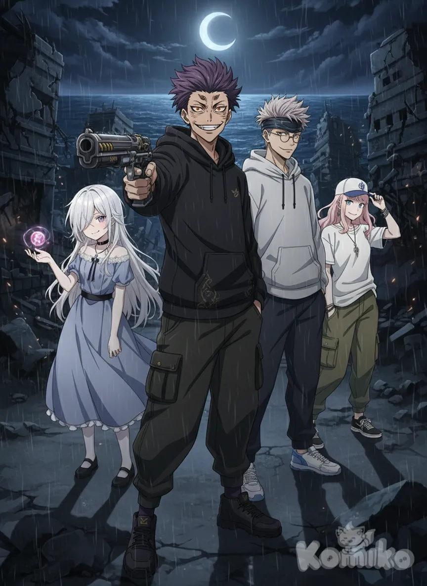 <ayami-omochimo-wmCf>, <oyitumi-nakamura-JrJo>, <luna-everhart-zBpZ>, Ryoumen Sukuna (Jujutsu Kaisen), Gojou Satoru, holding gun, evil smile, hoodie, wide-leg pants, headband, glasses, full body, looking at viewer, closeup, night, cityscape, ruins, ocean