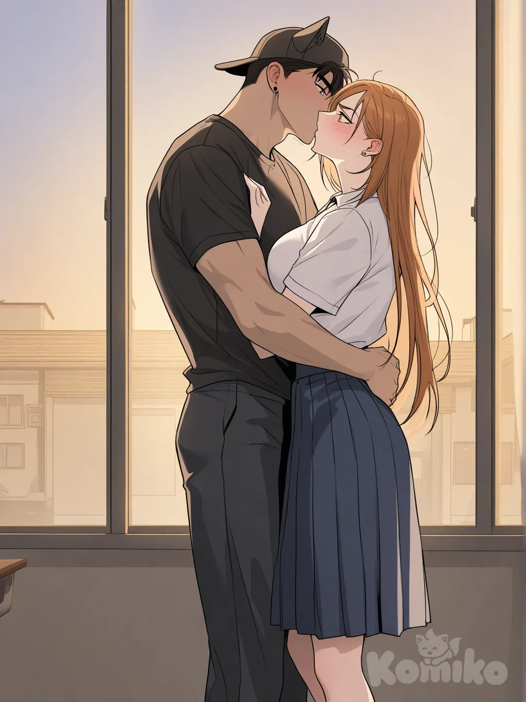 1boy, [muscular-manhwa-style], necklace, baseball cap, tatoo on two hands, very long hair purple, high ponytail, t-shirt, nike shoes, 1girl, manhwa style, very long hair pink, beautiful character, headscarf, earrings, cat ears, wide-leg pants, closeup, hugging, kissing, full body, side profile photo, day, twilight, classroom, Kugisaki Nobara, school uniform, angry, blush, shocked