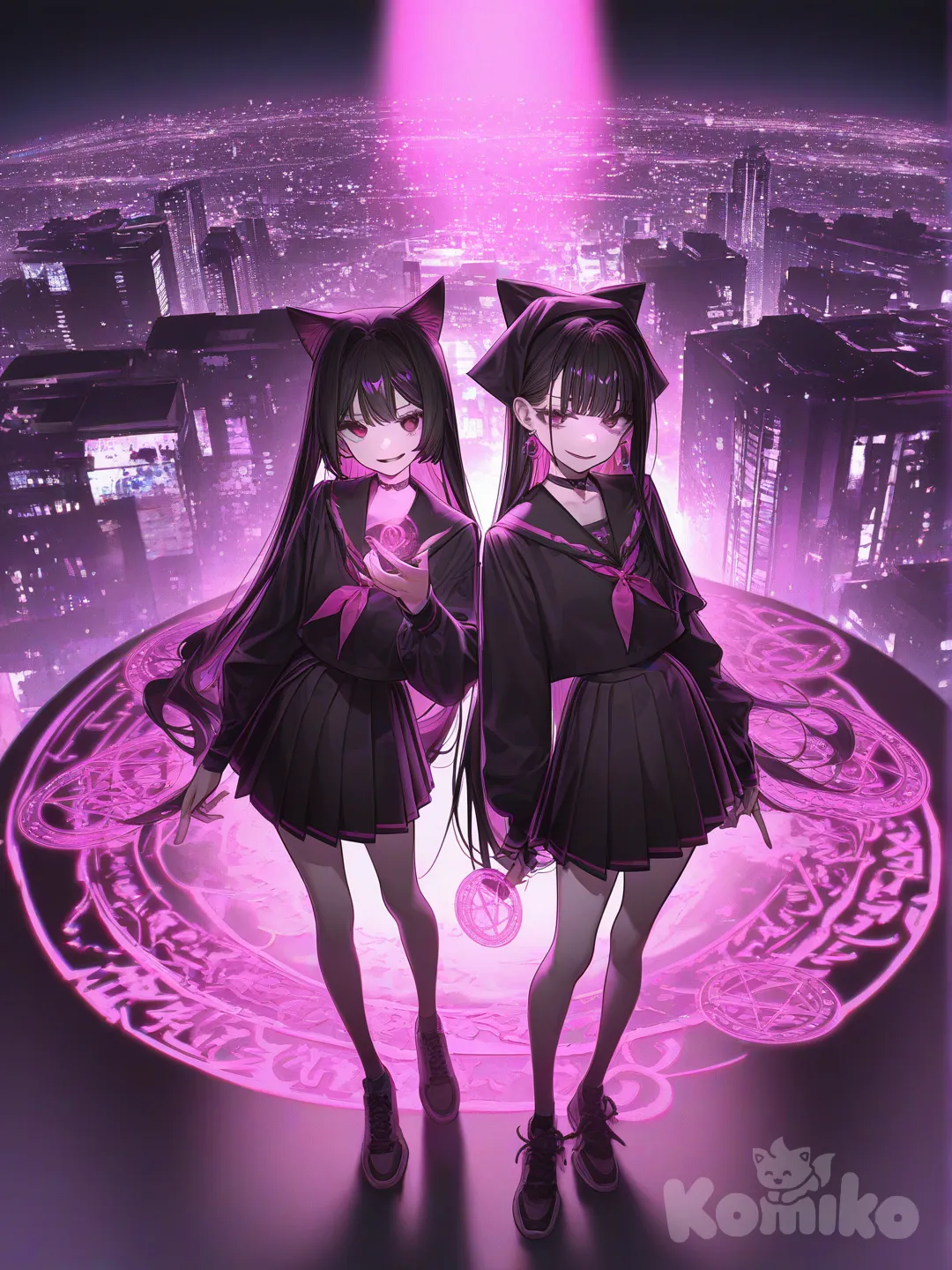2girls,heroin, realistic, kpop,pleated skirt , cat ears, very long hair black, choker, look at viewer , smirk, night, city lights, stage, full body, closeup, ultra-wide shot, everygirl holding magic circle, jordan shoes, pleated skirt, earrings, headscarf, looking at viewer, bird's-eye view, [high-contrast-glossy-style]