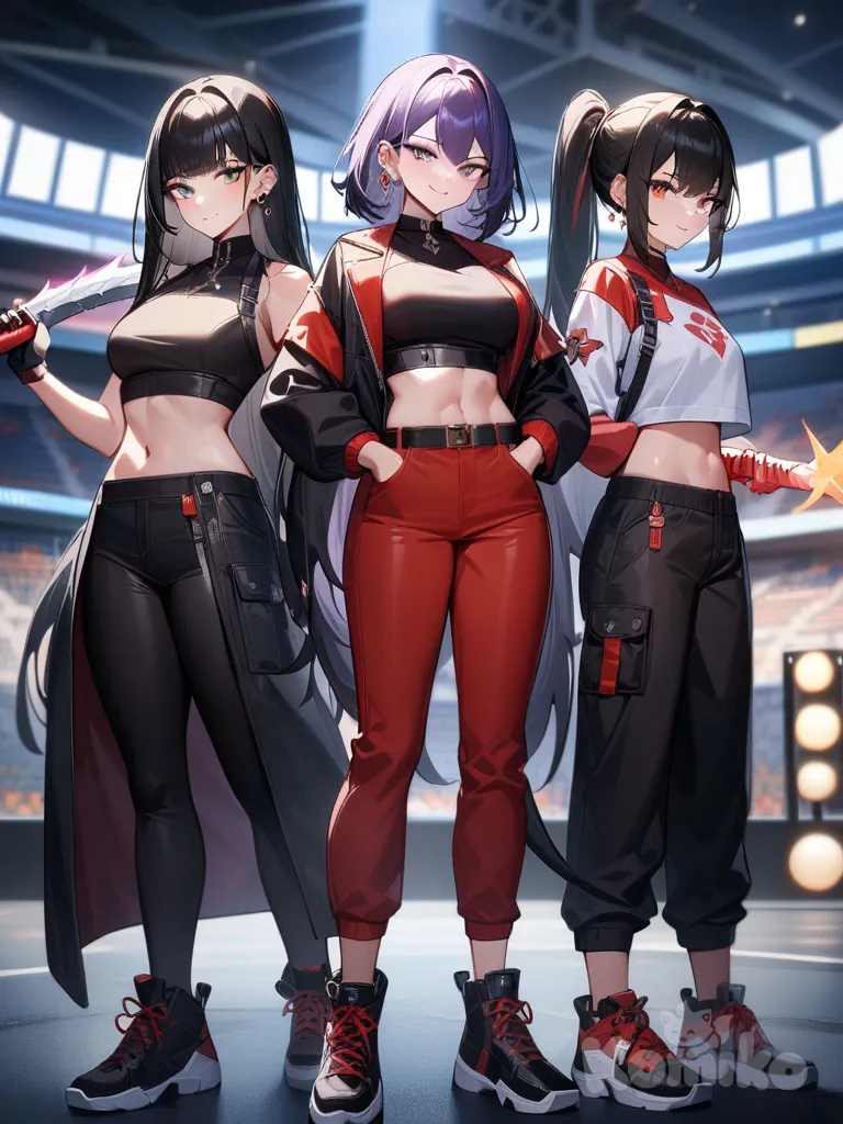 3girls, kpop demon hunters, everyone holding magic swords, very long hair, boyfriend pant with pocket, crop top, everyone have earrings, knee-high shoes, closeup, full body, looking at viewer, stage light, night, stadium, cityscape, smile, manhua style