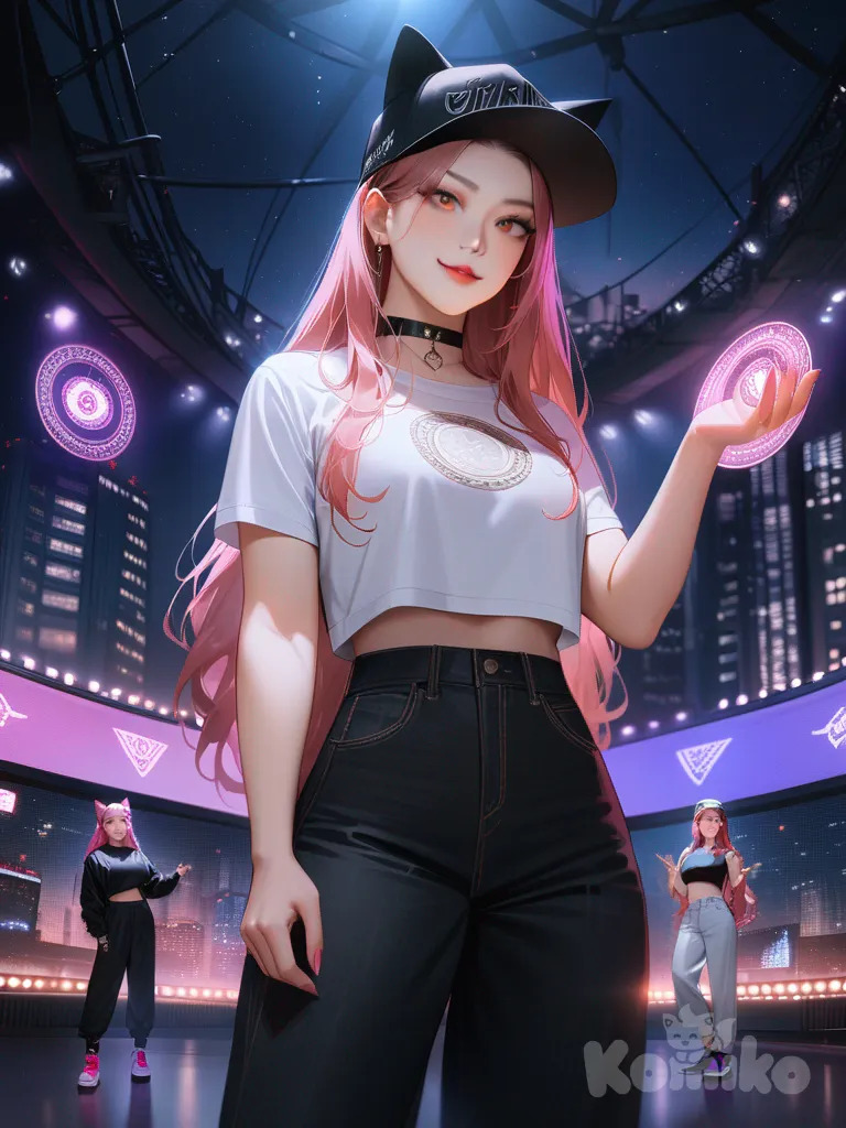 3girls, kpop demon, realistic, kpop, wide-leg pants, t-shirt, baseball cap with cat ears, very long hair pink, choker, look at viewer , smirk, night, city lights, stage, full body, closeup, ultra-wide shot, everygirl holding magic circle, jordan shoes
