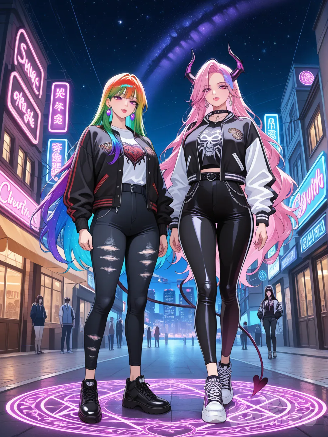 2girls, manhwa style, mature female, t-shirt, varsity jacket, casual pants, earrings, headband, very long hair rainbow, punk shoes, everyone have magic circle, realistic, demon girl, full body, closeup, looking at viewer, ultra-wide shot, night, neon lights, cityscape, starry sky