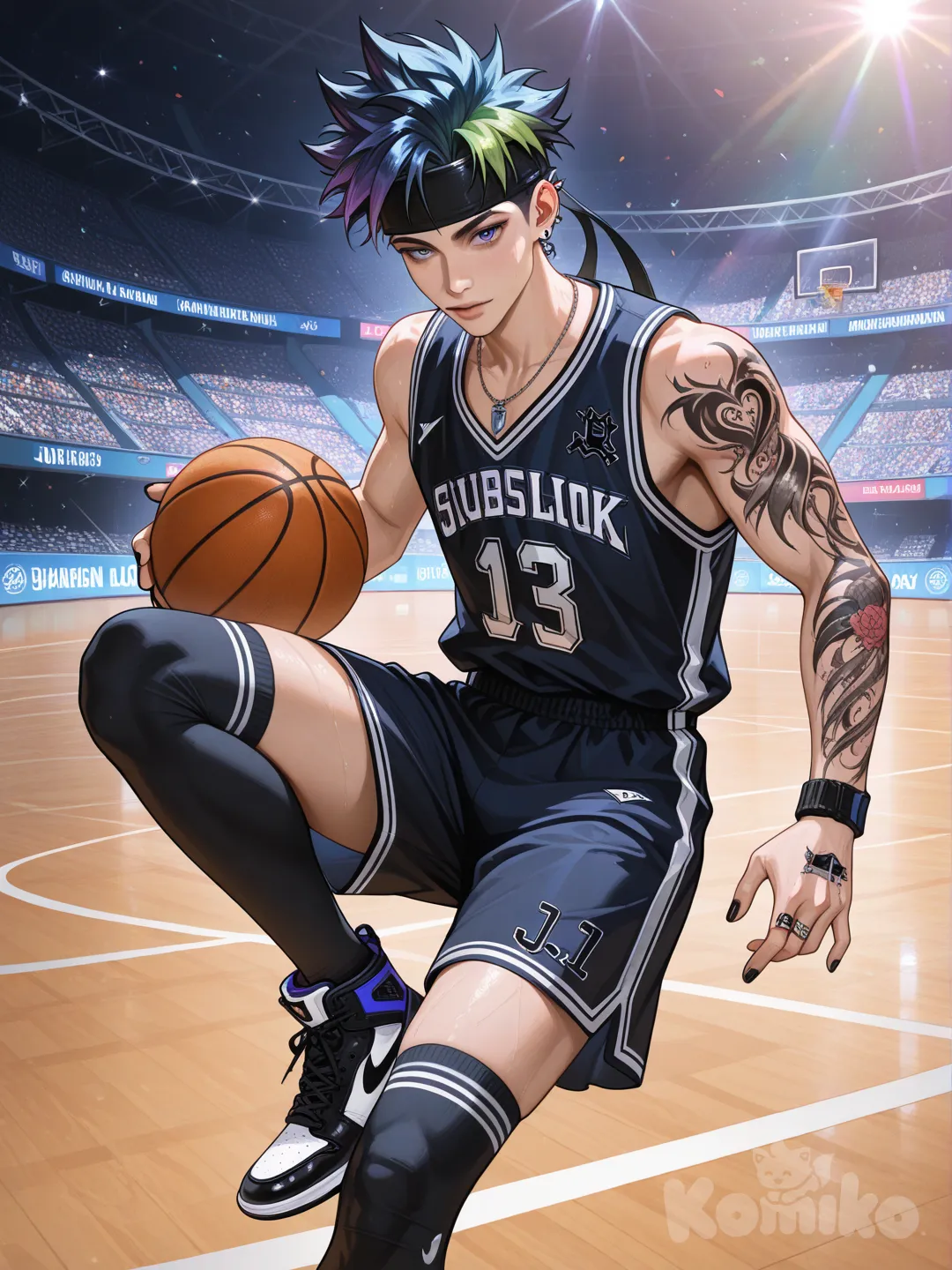 realistic 1boy, ( blue lock style), basketball uniform, have basketball (object) in hand, basketball stadium, headband, spiky hair, necklace, earrings, rainbow, knee-high socks, jordan shoes, had tatoo on one hand, nail polish black