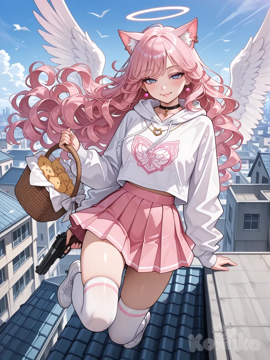 1girl, realistic, holding gun, jumping from rooftop, smile, hoodie, pleated skirt, earrings, necklace, knee-high socks, cat ears, choker, bow, angel wings, basket, very long hair curly, pink, sexy