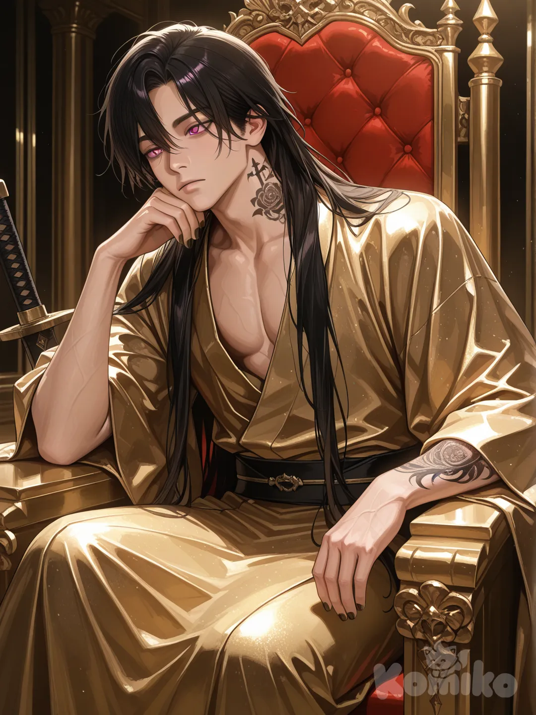 1boy, realistic, handsome, very long hair black, pink eyes, sword tatoo on neck, sitting on sword trone, golden kimono, nail polish brown, had head on hand, expressionless, troneroom