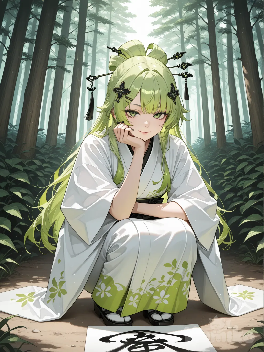 1girl, realistic, long hair green neon, write in japanese manuscrit, green eyes, white kimono, black nail polish, in forest, smile, sitting on the ground, hairpin, charismatic girl, serious, closeup, full body