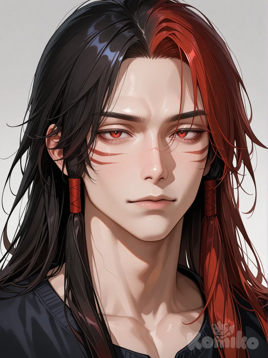 1boy, realistic, very handsome, red eyes, long red hair, two lock of hair black