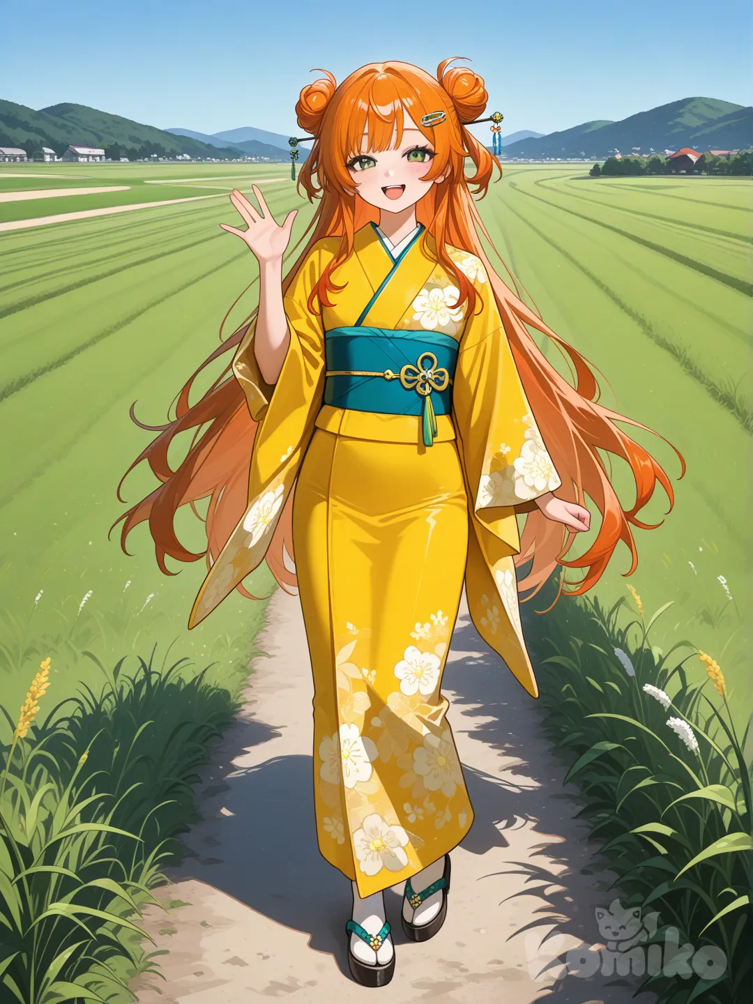 1girl, realistic, very long hair orange, green eyes, yellow kimono, waving, laughing, hairpin, double buns, closeup, full body, looking at viewer, field, day, cute, sexy, very beautiful