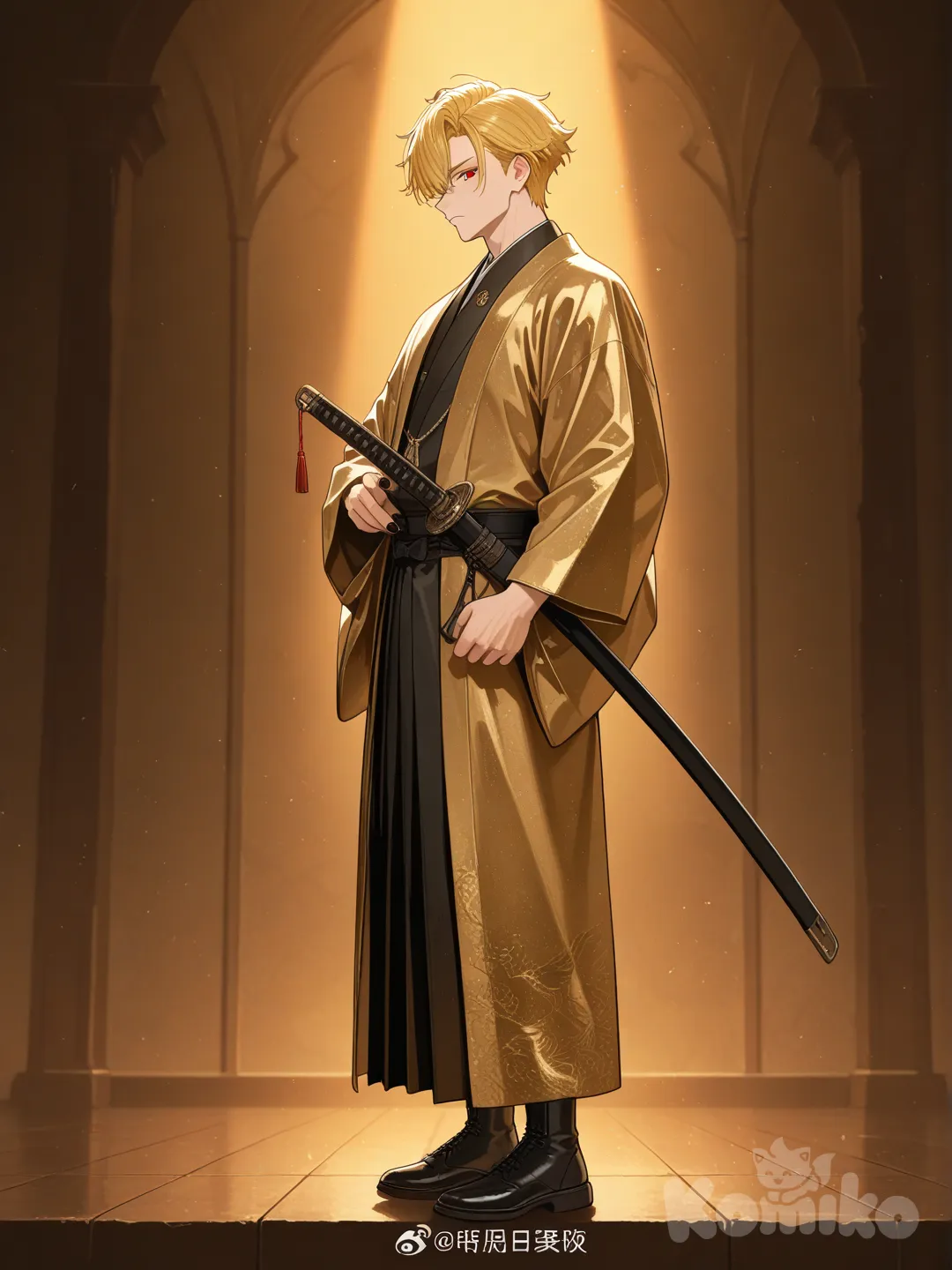 1boy, handsome, demon hunter, gold kimono, yellow hair, red eyes, nail polish red, katana, charismatic, frown, closeup, full body, looking at viewer, side profile photo, cinematic lighting