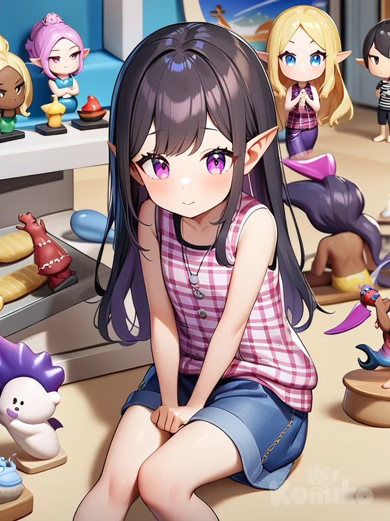 1girl, cartoon, figurine, mermaid, elf, demon, teenager, stocky, petite, tall, black hair, purple hair, pink hair, blonde hair, pink eyes, brown eyes, blue eyes, purple eyes, dimple, fair skin, dark skin, vest, t-shirt, plaid shirt, pleated skirt, denim skirt, beach shorts, plastic, diamonds, pearls, wolf ears, rabbit ears, single character, full body, looking at viewer, anime style, simple background, white background