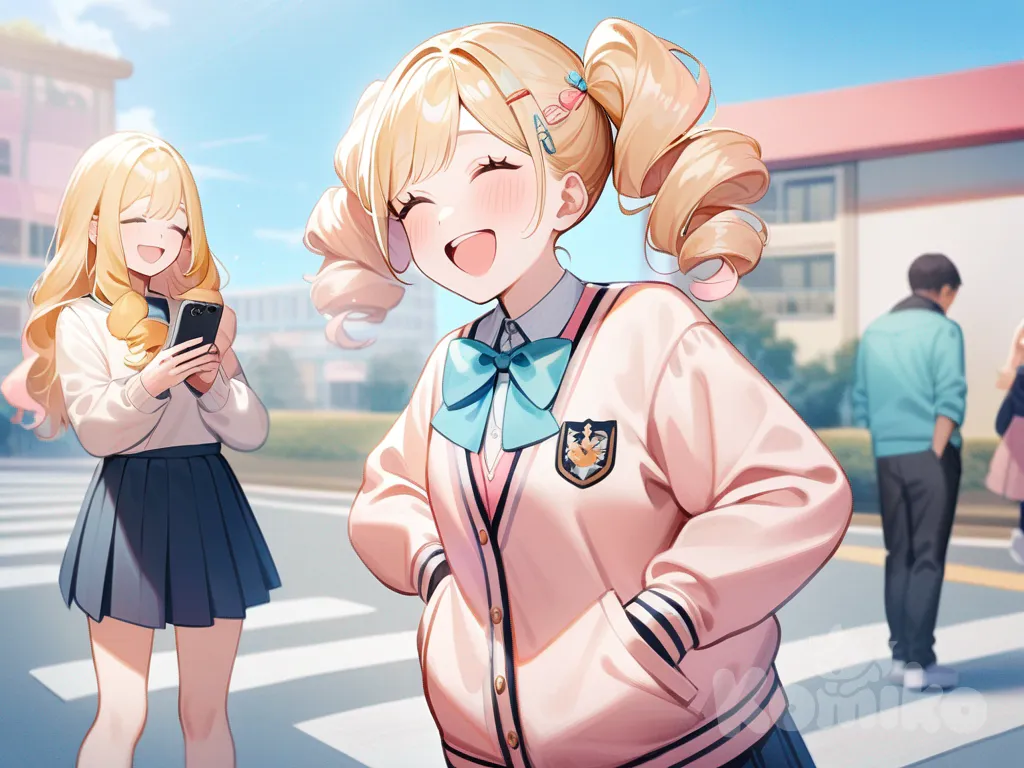 2girls, solo focus, soft pastel, pastel colors, 2people, smiling, laughing, smartphone, phone, hands in pockets, school uniform, hairpin, bowtie, jewelry, blonde hair, twintails, fluffy curls, long hair, navy blue, burgundy, full body, daytime, bright blue sky, cheerful, camaraderie, lively, background, outdoor, sunny day