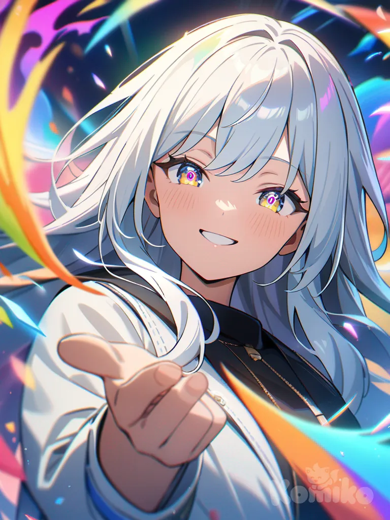 2girls, looking at viewer, smiling, colorful background, eyes, long hair, anime style