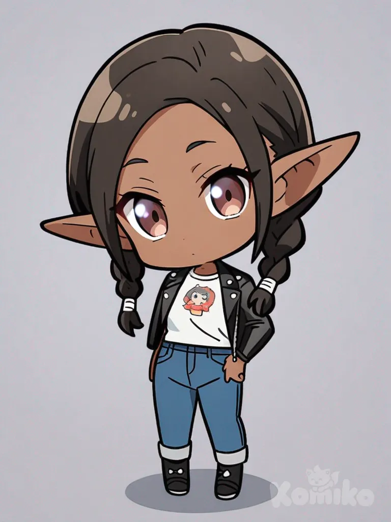 1girl, angel, elf, chibi, anime coloring, teenager, tall, black hair, brown hair, braids, long hair, brown eyes, blue eyes, gray eyes, dark skin, fair skin, leather jacket, t-shirt, jeans, pleated skirt, plastic, single character, full body, looking at viewer, anime style, simple background, white background