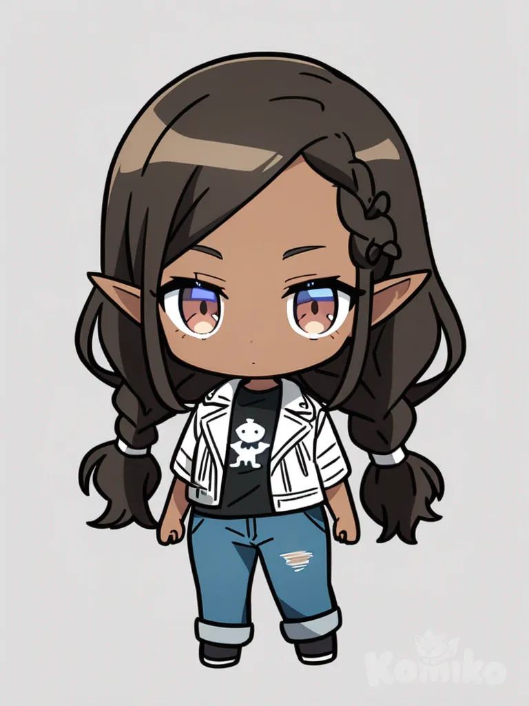 1girl, angel, elf, chibi, anime coloring, teenager, tall, black hair, brown hair, braids, long hair, brown eyes, blue eyes, gray eyes, dark skin, fair skin, leather jacket, t-shirt, jeans, pleated skirt, plastic, single character, full body, looking at viewer, anime style, simple background, white background