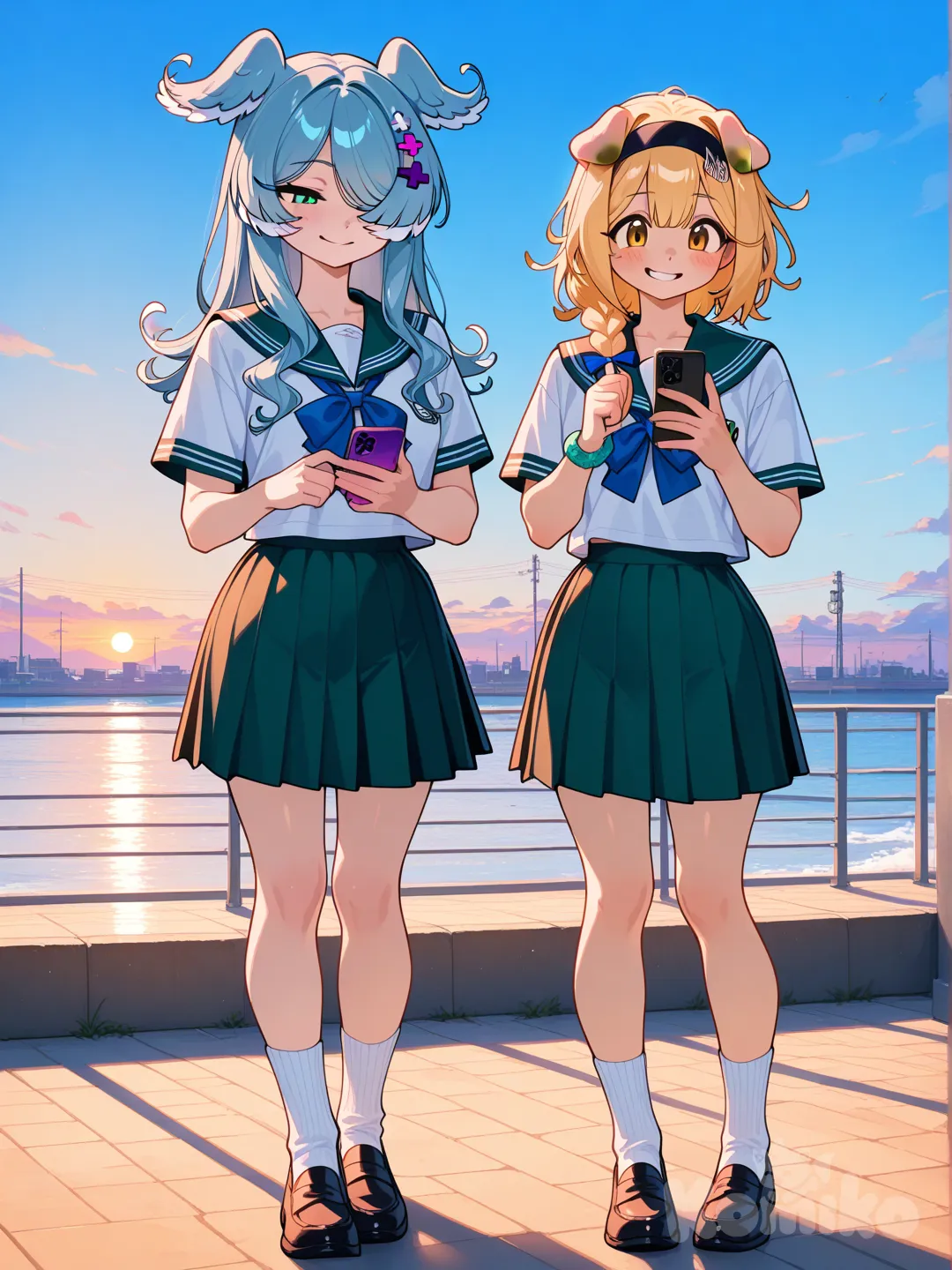 Goldenglow (Arks), Elira Pendora, [glossy-anime-style], blonde hair, navy blue, olive green, full body, twilight, blue sky, day, school uniform, looking at phone, smile, smirk