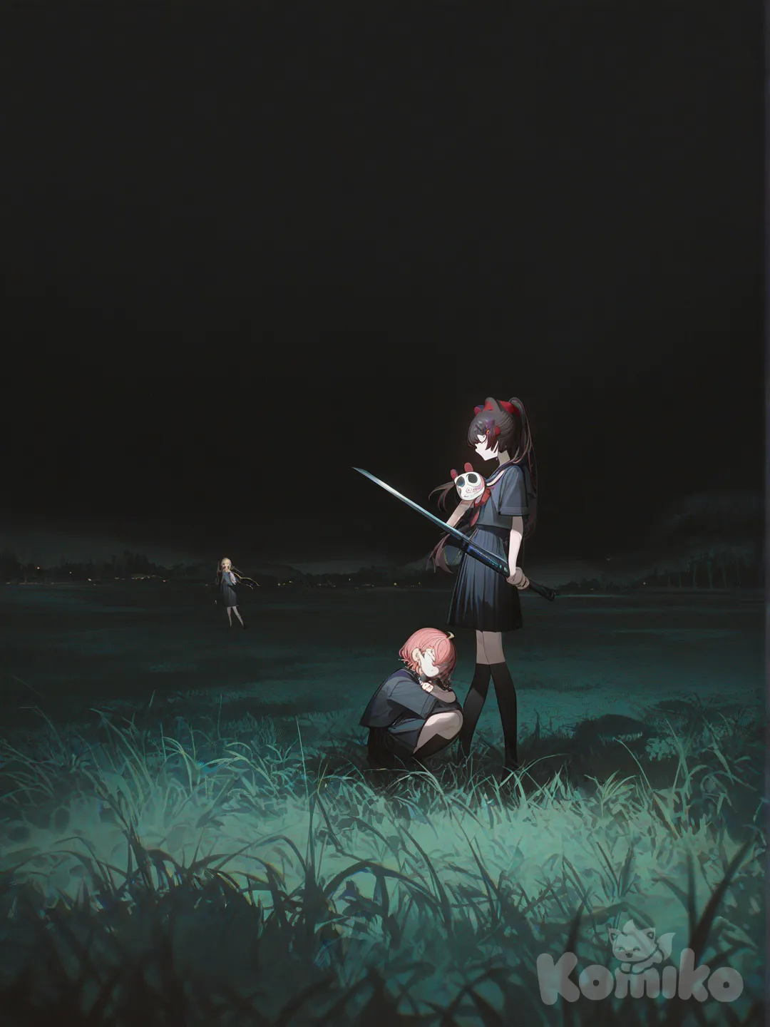 2girls, Sasaki Saku, Inui Toko, [high-contrast-glossy-style], holding sword, 2people, hugging, school uniform black, plastic, fox ears, knee-high socks, blonde hair, high ponytail, twin tails, charcoal black, navy blue, full body, wide shot, night, grassland, forest