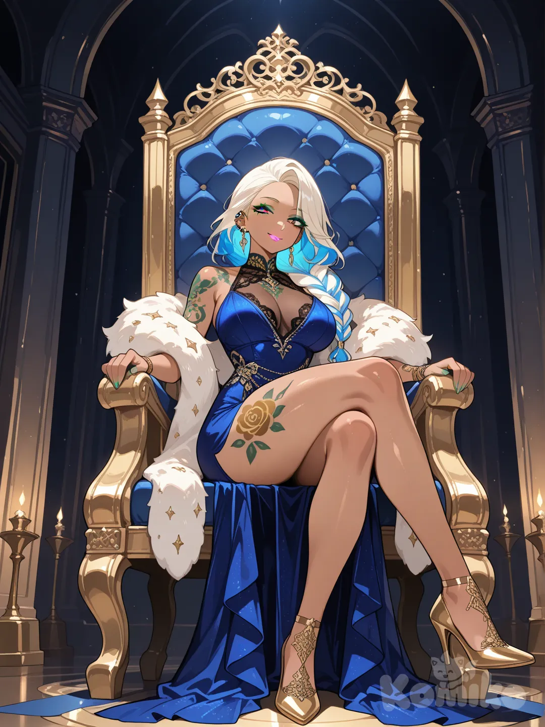 1girl, mature, tan skin, upturned gold eyes, lean and toned body, long multicolored hair over shoulder, braided, multiple piercings, green eyeshadow, pink lips, tattoo on thigh, royal blue dress, fur scarf, gold high heels, devious smile, sitting on a throne, crossed legs, full body, ambient light, fantasy mansion, [glossy-anime-style]