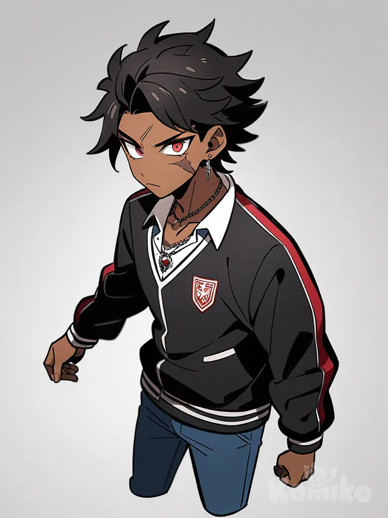 1boy, vampire, teenager, tall, black hair, long hair, red eyes, scar, tattoo, dark skin, varsity jacket, polo shirt, t-shirt, jeans, suit, plastic, tie, earrings, necklace, single character, full body, looking at viewer, anime style, simple background, white background