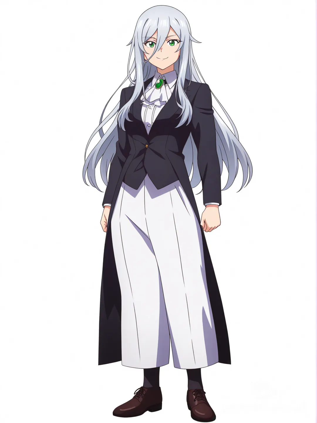 [pop-anime-style] tall, lean, muscular, silver_hair, long_hair, green_eyes, sharp_jawline, smile, gentle, elegant_clothing, mystical_aura, confident_pose, single character, full body, looking at viewer, anime style, simple background, white background
