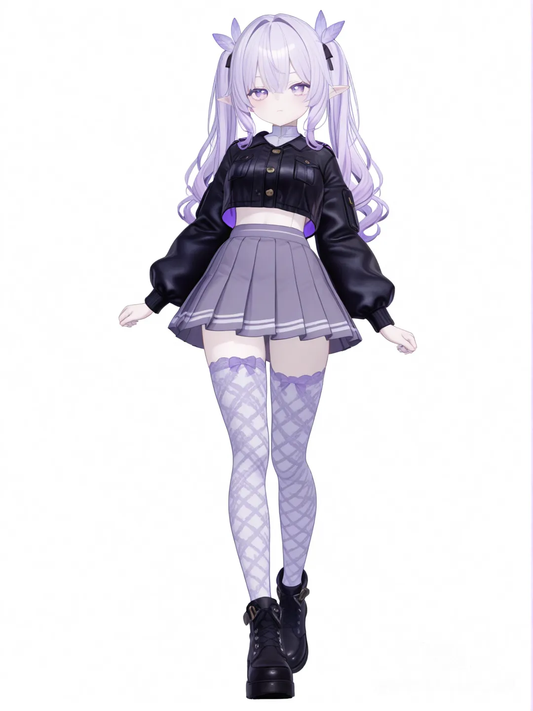 [3d-anime-style] 1girl, elf, petite, twintails, lavender hair, violet eyes, pale skin, cropped jacket, pleated skirt, thighhighs, patterned thighhighs, single character, full body, looking at viewer, anime style, simple background, white background