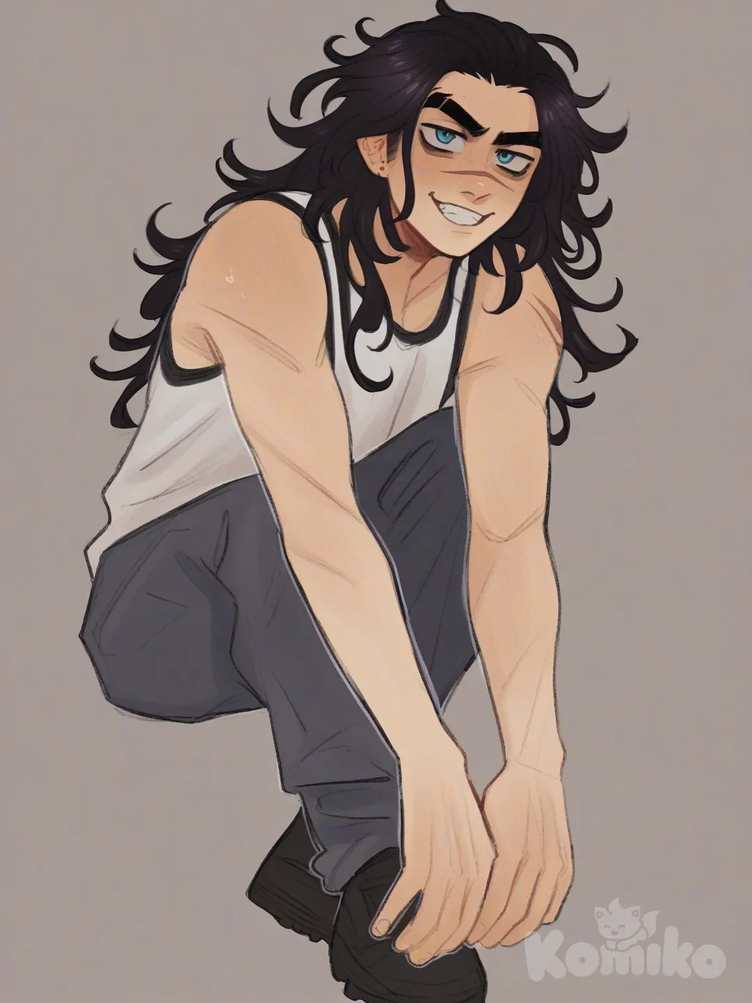 [soft-shaded-moe-style] 1boy, tall, muscular, blue_eyes, black_hair, messy_hair, scar_on_cheek, smirk, broad_shoulders, single_character, full_body, looking_at_viewer, anime_style, simple_background, white_background