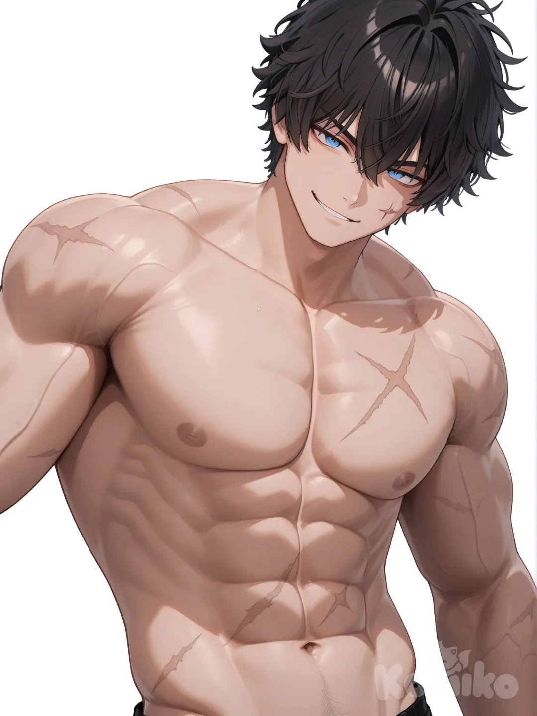 [3d-anime-style] 1boy, tall, muscular, blue_eyes, black_hair, messy_hair, scar_on_cheek, smirk, broad_shoulders, single_character, full_body, looking_at_viewer, anime_style, simple_background, white_background