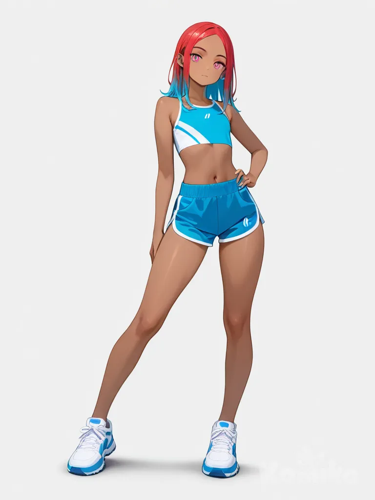 1girl, dark-skinned_female, long_hair, multicolored_hair, blue_hair, red_hair, pink_eyes, slim, tall, athletic, soft_pastel_style, single character, full body, looking at viewer, anime style, simple background, white background