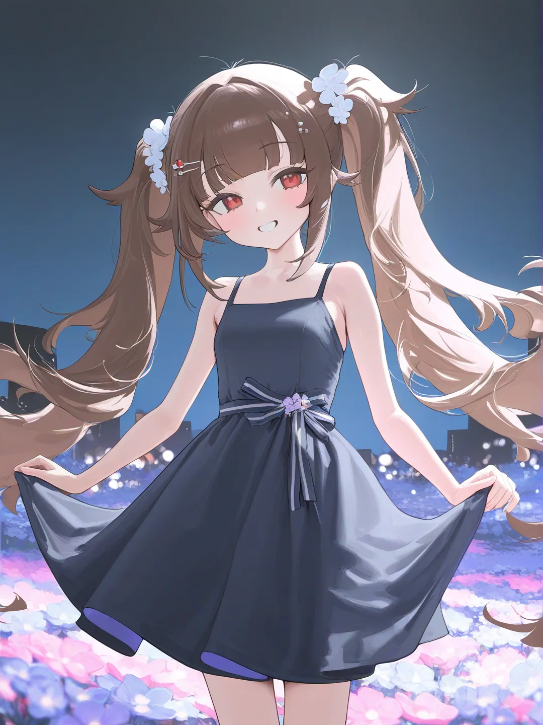 @Laffey_(Azur_Lane), [vibrant-anime-style], hands on another's head, smile, happy, evil smile, blush, little black dress, plastic, hairpin, hair accessory, long hair, brown hair, blonde hair, navy blue, city lights, flower field, sunlight