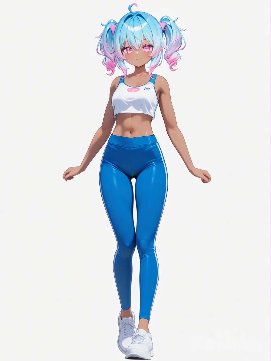 [3d-anime-style] 1girl, dark skin, long multicolored hair, blue hair, pink hair, pink eyes, slim athletic build, tall, graceful, confident smile, ethereal glow, city background, cute poppy, single character, full body, looking at viewer, anime style, simple background, white background