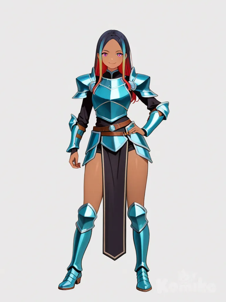 1girl, dark skin, warrior, princess, long hair, multicolored hair, blue highlights, red highlights, pink eyes, tall, athletic build, female, confident smile, elegant, fantasy armor, soft pastel tones, anime coloring, single character, full body, looking at viewer, anime style, simple background, white background