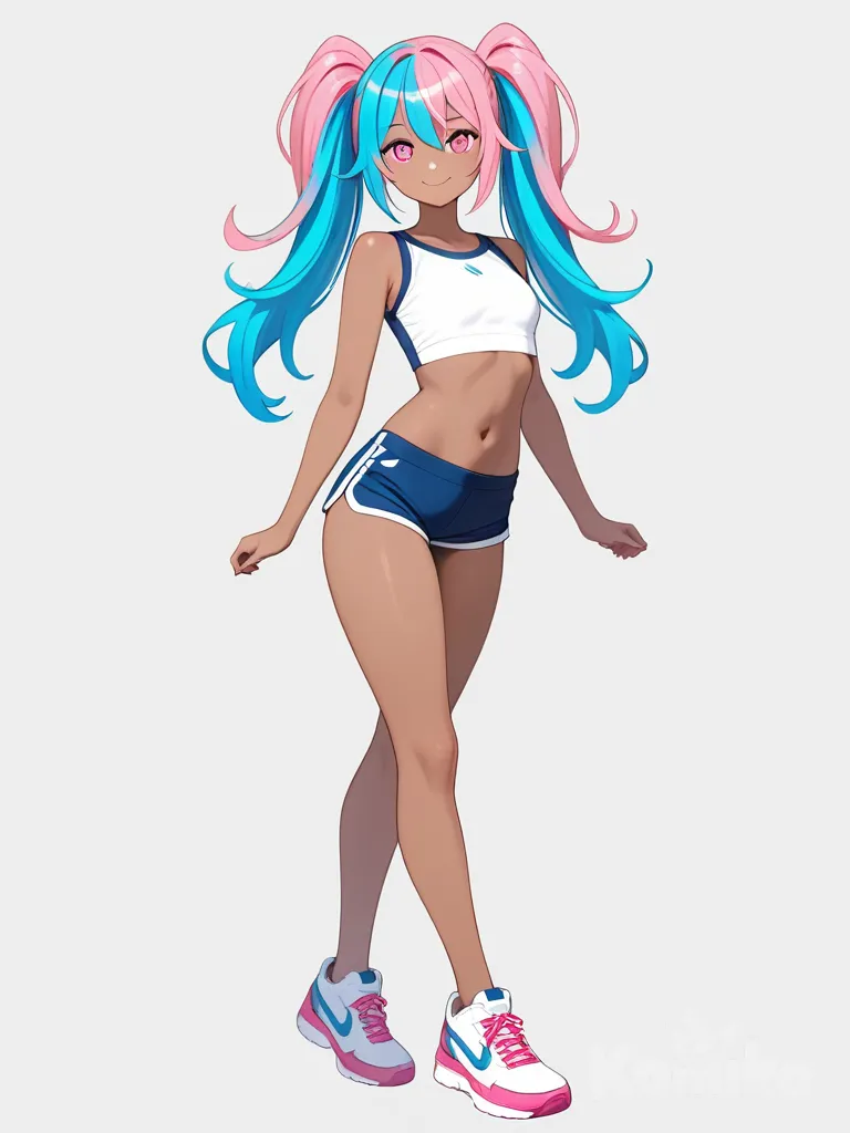1girl, dark skin, long multicolored hair, blue hair, pink hair, pink eyes, slim athletic build, tall, graceful, confident smile, ethereal glow, city background, cute poppy, single character, full body, looking at viewer, anime style, simple background, white background
