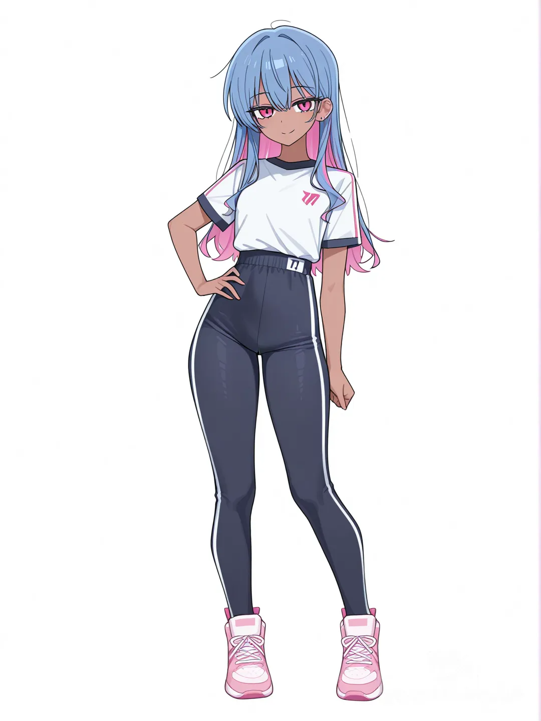 [toon-shaded-style] 1girl, dark-skinned, long_hair, multicolored_hair, blue_hair, pink_hair, pink_eyes, slim, athletic, tall, graceful, confident_smile, ethereal_glow, cute_poppy, city_background, gym_background, single character, full body, looking at viewer, anime style, simple background, white background
