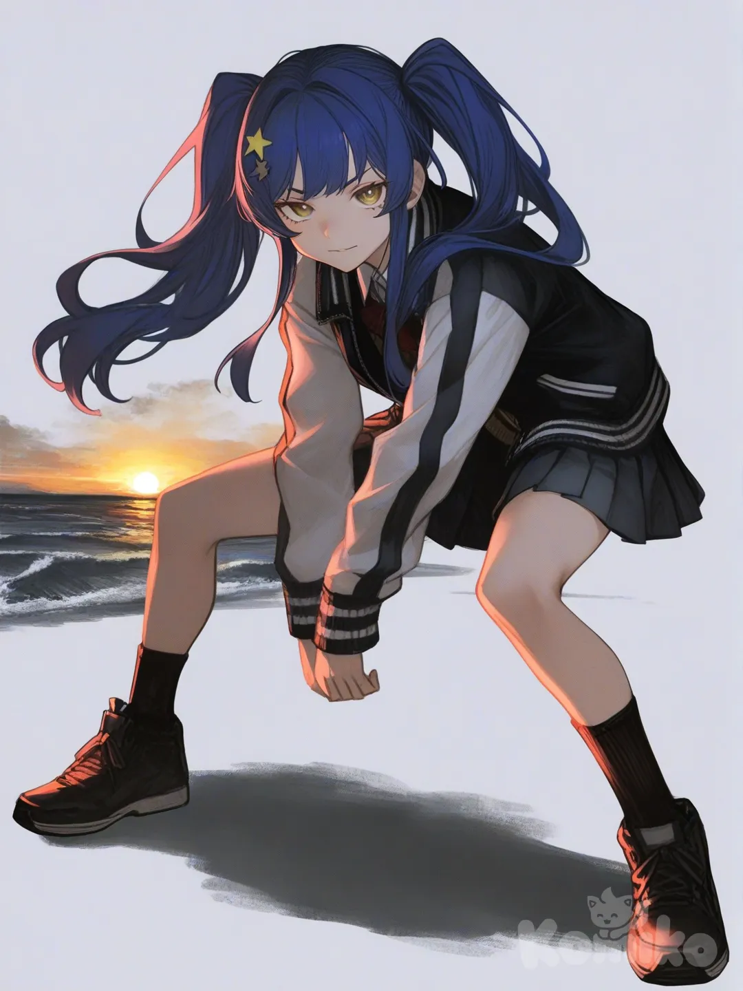 [semi-realistic-portrait-style] 1girl, twintails, long_hair, neon_blue_hair, hair_ornament, varsity_jacket, vest, pleated_skirt, confident, fierce, neon_lights, glowing, ocean, sunset, dynamic_pose, single character, full body, looking at viewer, anime style, simple background, white background