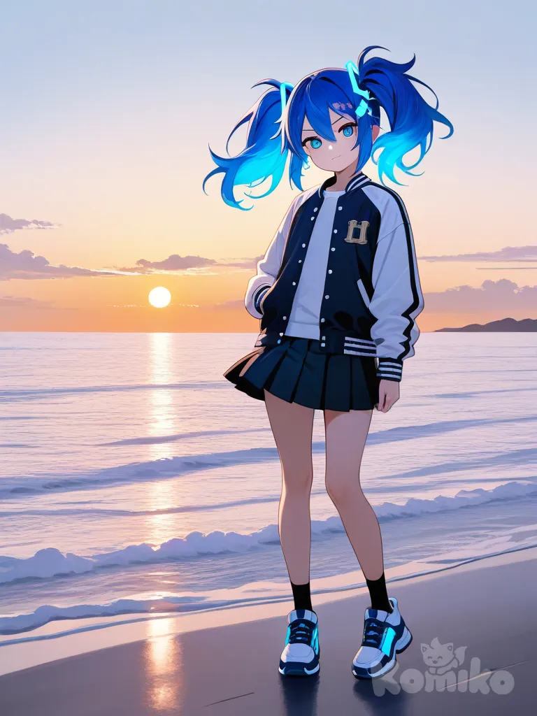 1girl, twintails, long_hair, neon_blue_hair, hair_ornament, varsity_jacket, vest, pleated_skirt, confident, fierce, neon_lights, glowing, ocean, sunset, dynamic_pose, single character, full body, looking at viewer, anime style, simple background, white background