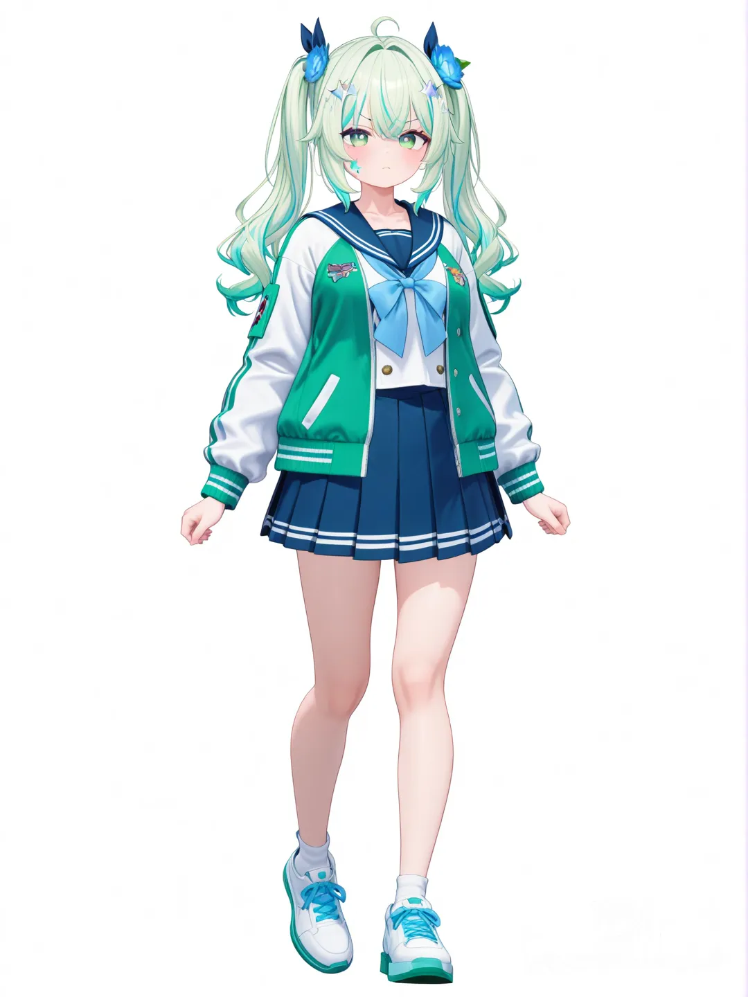 [3d-anime-style] 1girl, twintails, floral hair ornament, determined expression, sailor uniform, pleated skirt, ribbon trim, varsity jacket, star patches, neon green hair streaks, ocean wave pattern, solo, full body, looking at viewer, anime style, simple background, white background