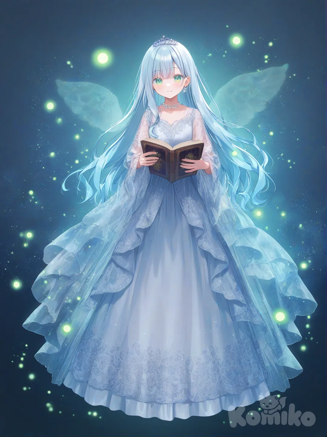 [soft-pastel-style] 1girl, long hair, silver blue hair, pearl tiara, lace gown, floral embroidery, ethereal wings, green eyes, glowing aura, holding book, smile, graceful pose, twilight meadow, fireflies, single character, full body, looking at viewer, anime style