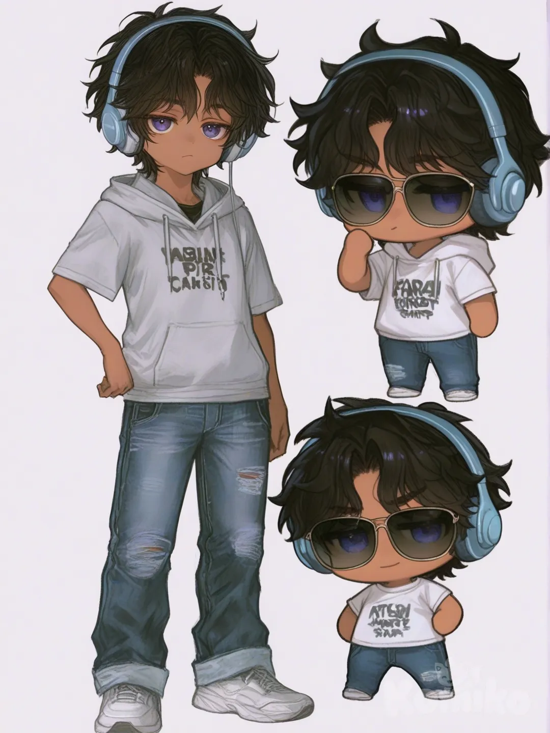 [semi-realistic-portrait-style] 1boy, chibi, child, short, tall, blue eyes, purple eyes, dimple, dark skin, fair skin, t-shirt, hoodie, jeans, plastic, headphones, sunglasses, single character, full body, looking at viewer, anime style, simple background, white background