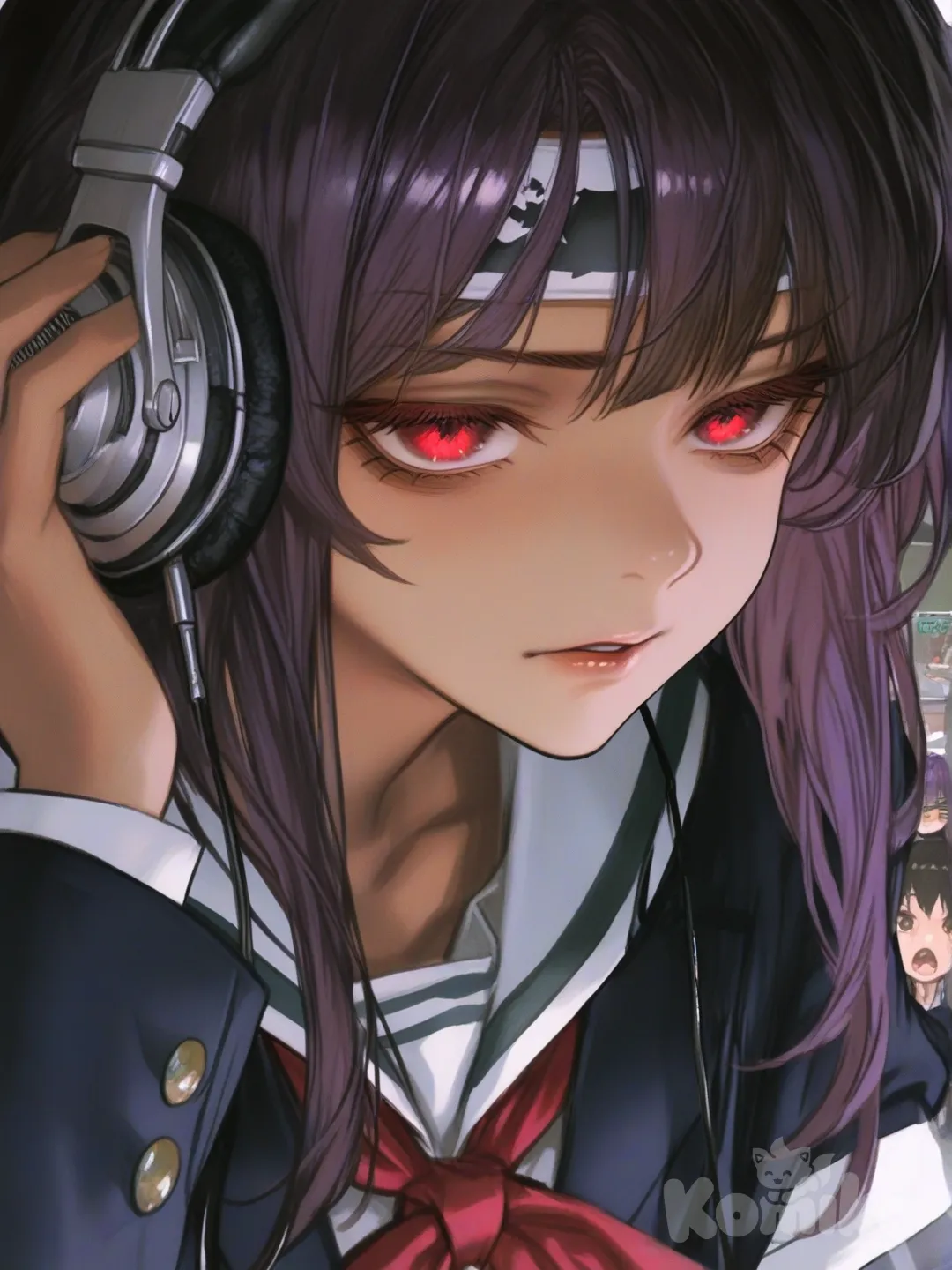 [semi-realistic-portrait-style] 1girl, demon, teenager, tall, black hair, purple hair, red eyes, dark skin, school uniform, plastic, headband, headphones