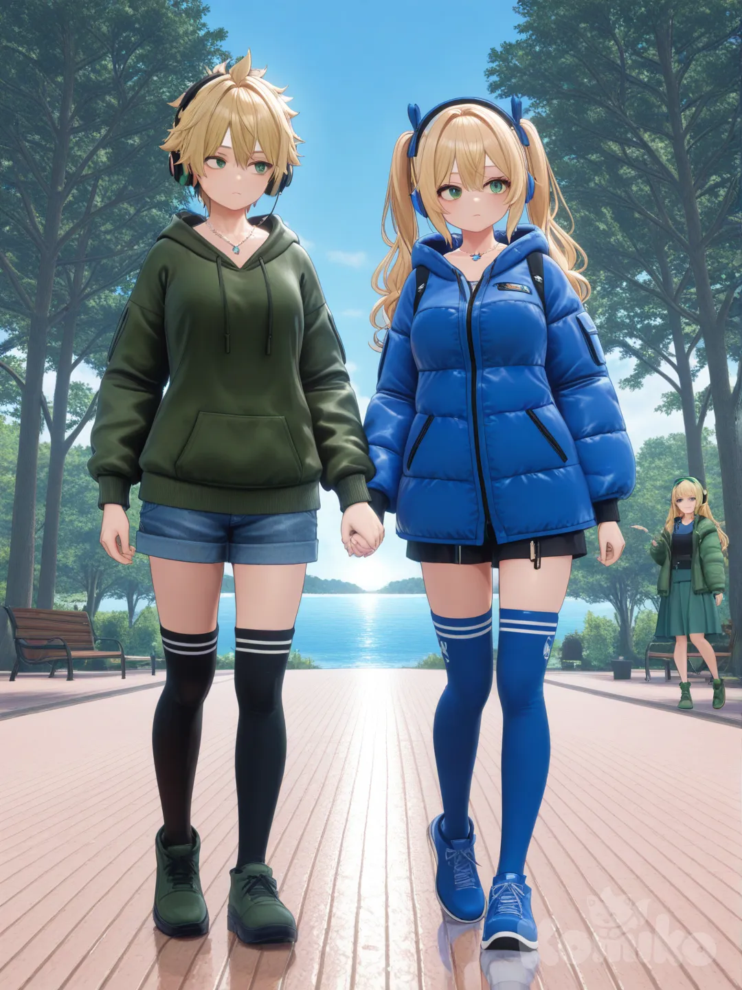 1boy, 1girl, 2people, [3d-anime-style], holding hands, down jacket, lace, headband, necklace, knee-high socks, headphones, blonde hair, twin tails, klein blue, olive green, hoodie, full body, looking at viewer, looking away, day, backlight, ocean, park, forest, blue sky