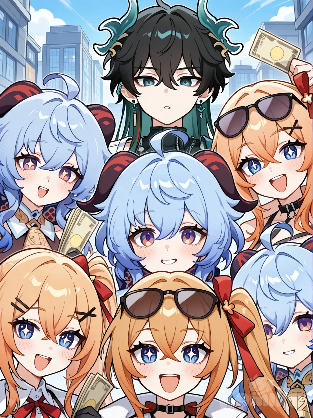 @Kalina_(Girls'_Frontline), big sparkling eyes, holding a wad of cash, big smile with teeth, red ribbon in hair, black sunglasses on forehead, upper body focus, cheering, zoomed in, bank in background, @Dan_Heng_(Honkai:Star_Rail), @Ganyu_(Genshin_Impact)