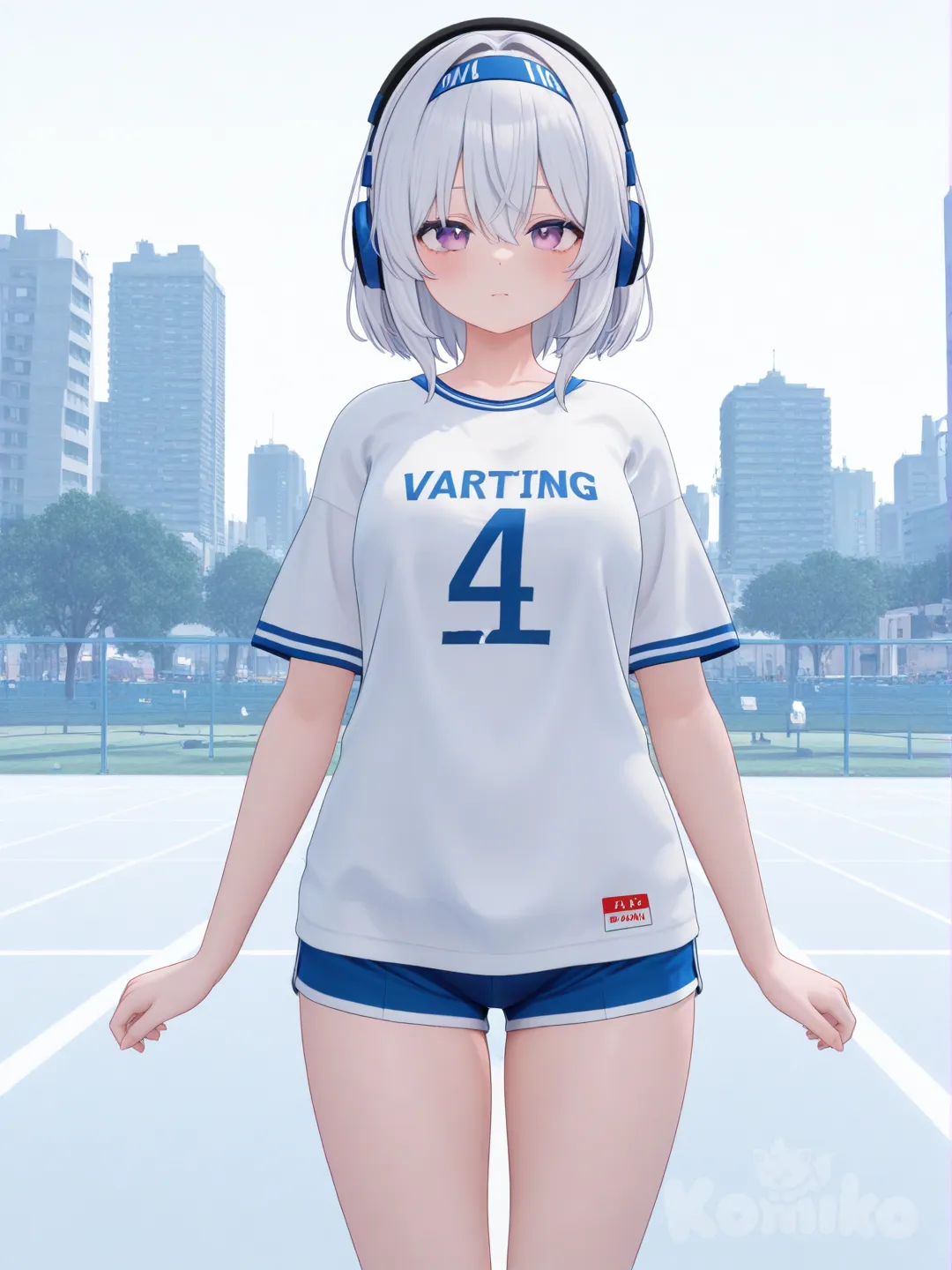 [3d-anime-style] solo, full_body, looking_at_viewer, headphones, headband, city_background, gym_background, anime_style, simple_background, white_background