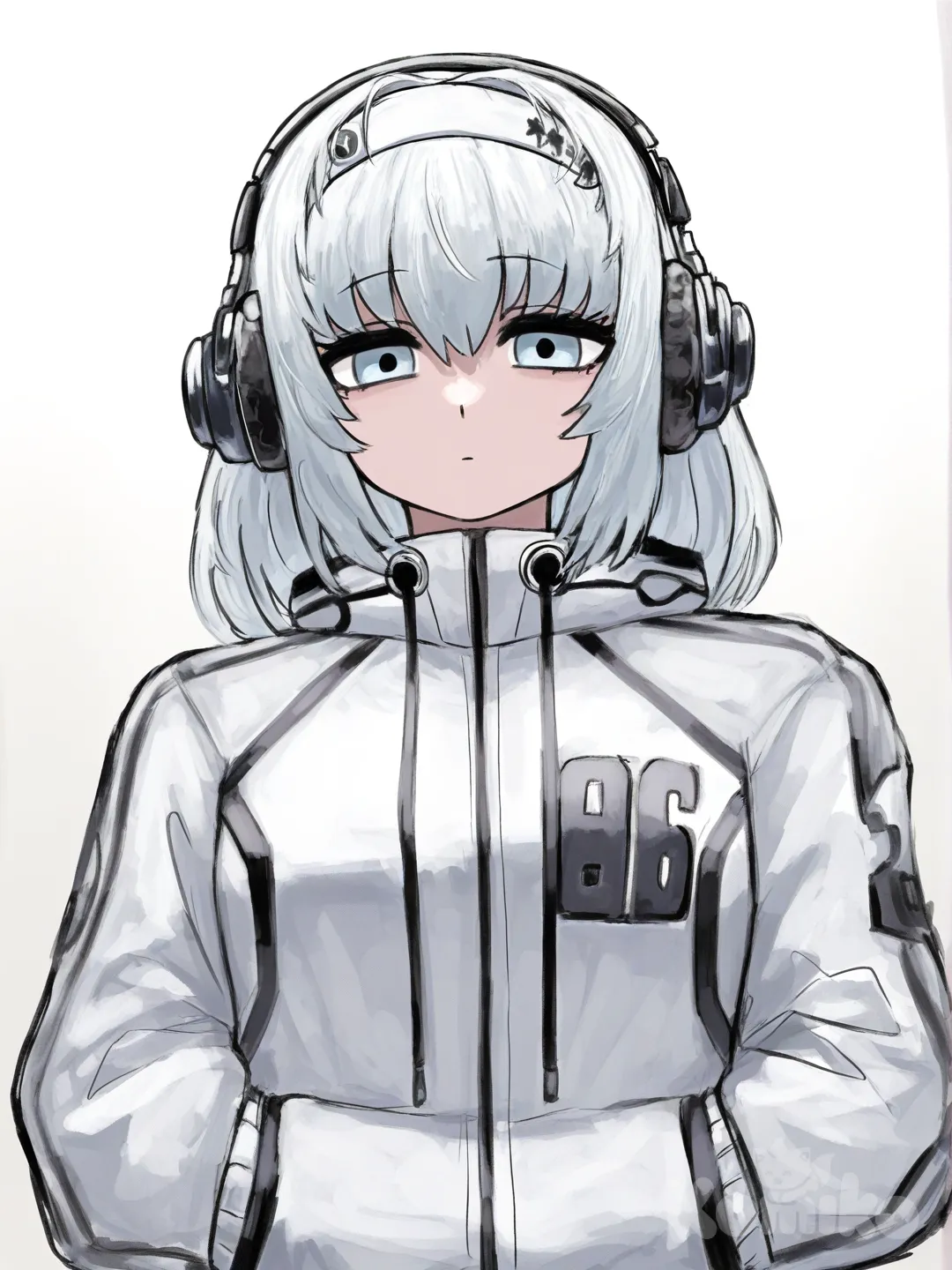 [sketchy-painterly-style] solo, full_body, looking_at_viewer, headphones, headband, city_background, gym_background, anime_style, simple_background, white_background