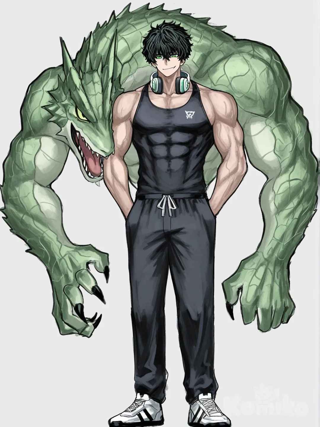 [sketchy-painterly-style] 1boy, handsome, athletic male, toned abs, broad shoulders, short tousled black hair, sharp green eyes, intense gaze, subtle smirk, casual gym tank top revealing defined muscles, wireless headphones around neck, single character, full body, looking at viewer, anime style, simple background, white background