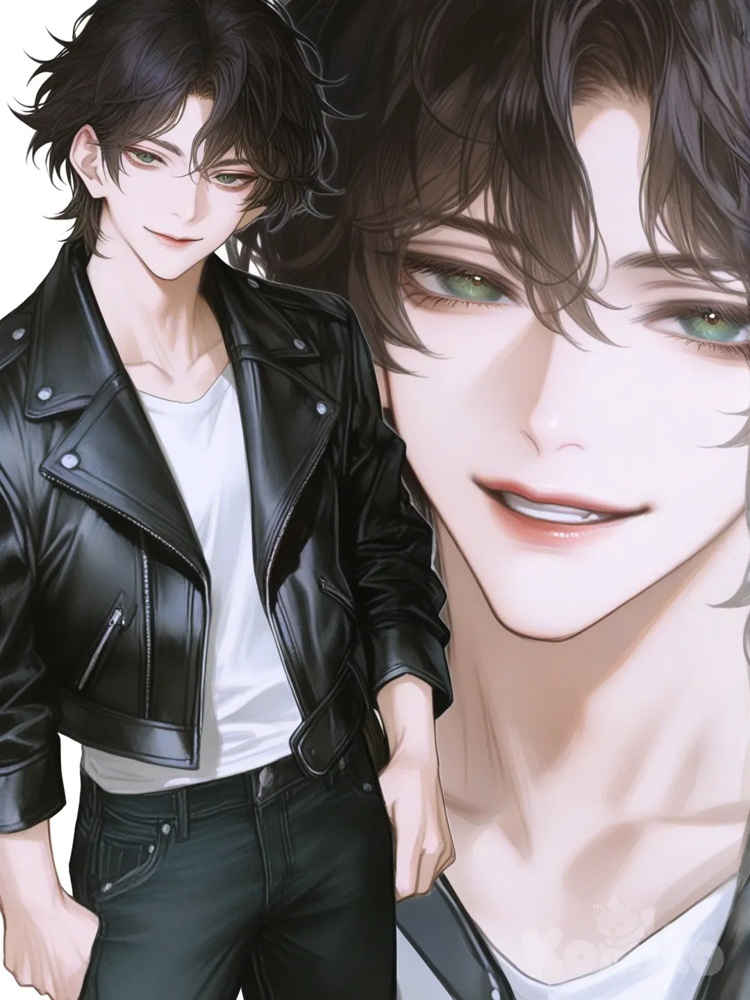 [semi-realistic-portrait-style] 1boy, tall, athletic, black_hair, green_eyes, sharp_jawline, smile, broad_shoulders, mysterious, leather_jacket, single character, full body, looking at viewer, anime style, simple background, white background
