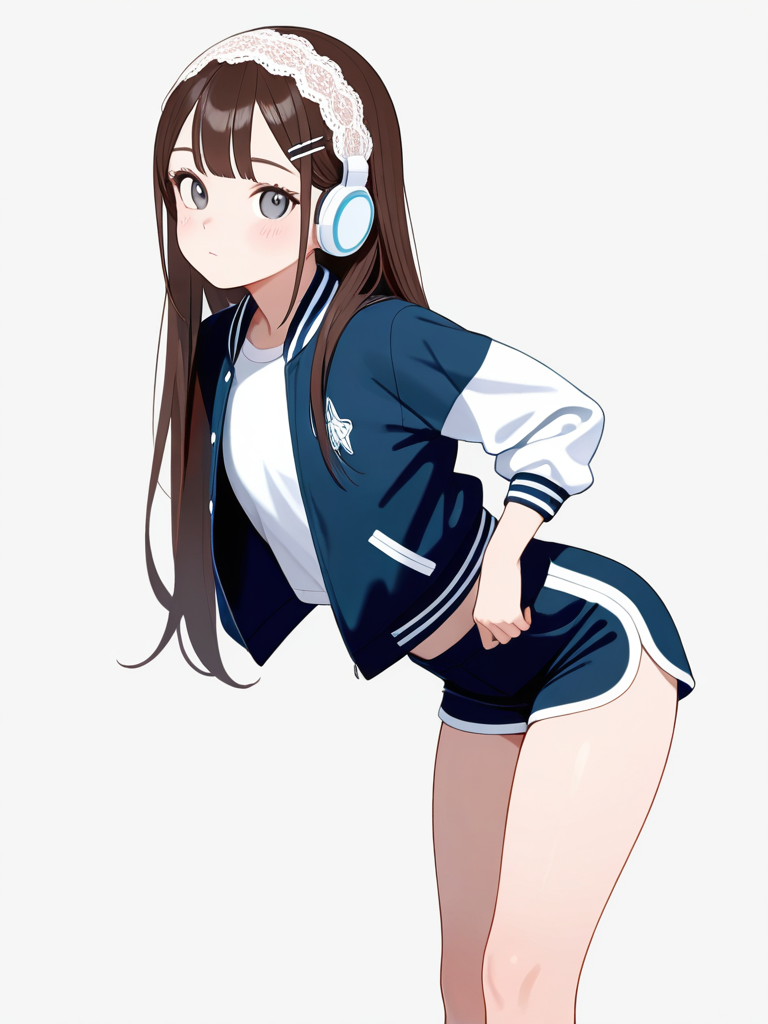 1girl, teenager, tall, athletic_build, long_hair, brown_hair, flowing_hair, grey_eyes, fair_skin, dimples, varsity_jacket, cropped_tshirt, shorts, lace_headband, hairpin, wireless_headphones, single_character, full_body, looking_at_viewer, anime_style, simple_background, white_background