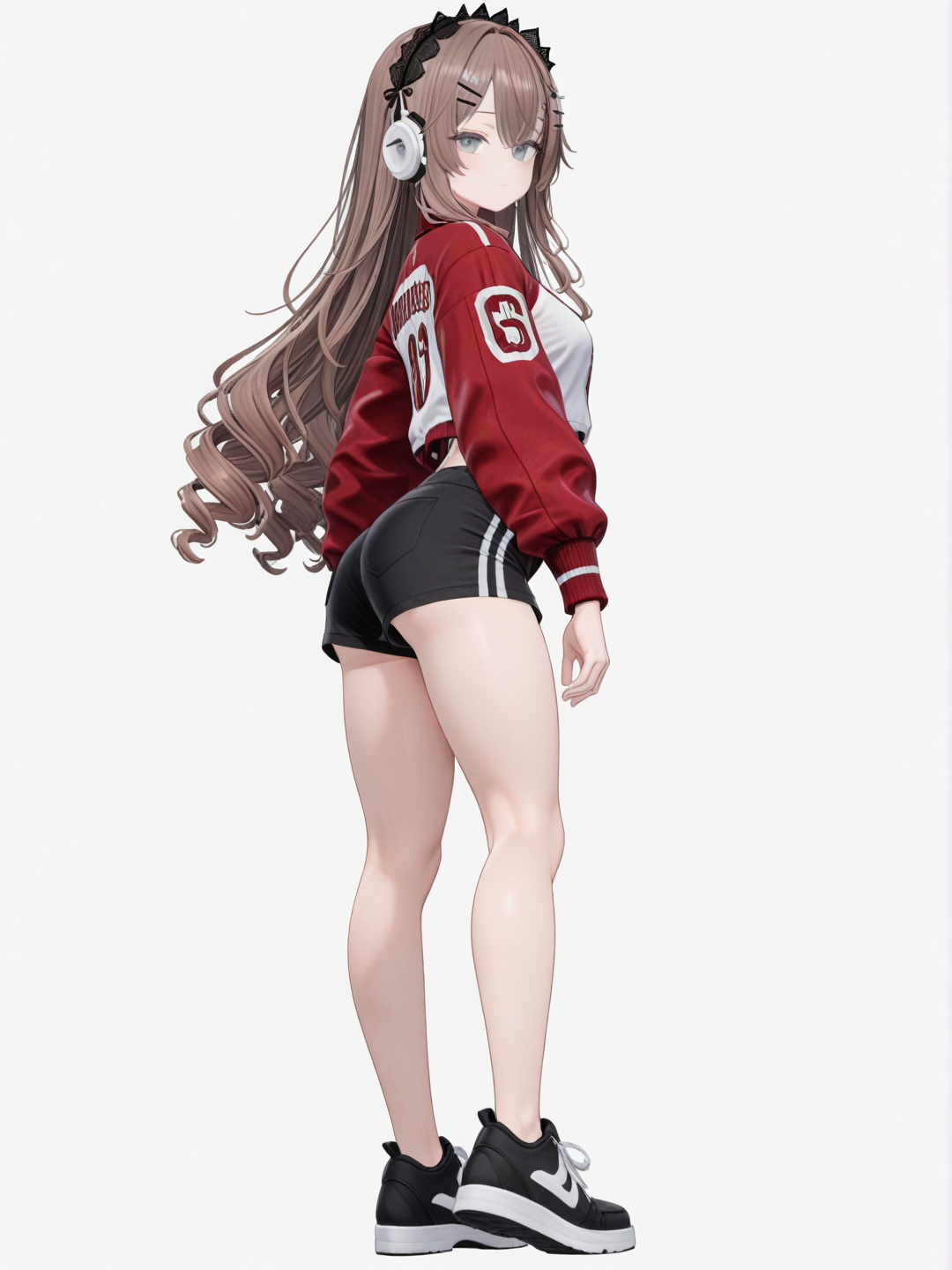 [3d-anime-style] 1girl, teenager, tall, athletic_build, long_hair, brown_hair, flowing_hair, grey_eyes, fair_skin, dimples, varsity_jacket, cropped_tshirt, shorts, lace_headband, hairpin, wireless_headphones, single_character, full_body, looking_at_viewer, anime_style, simple_background, white_background
